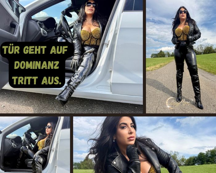 Tür geht auf  Dominanz tritt aus Türkische Geldherrin in Leder